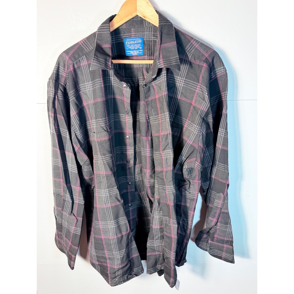 Pendleton Mens XL Wool Plaid‎ Button Down Shirt Grey Pink Long Sleeve Flannel